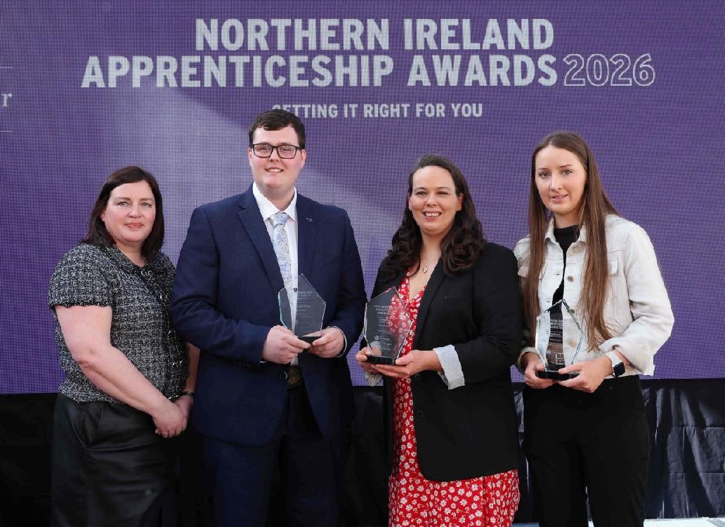 Department for the Economy, Acting Deputy Secretary Skills & Education Group, Louise Watson; Public Sector Apprentice of the Year, Jacob Meekin; Apprentice of the Year, Paula Bamford and Higher Level Apprentice of the Year, Grace Dugan.